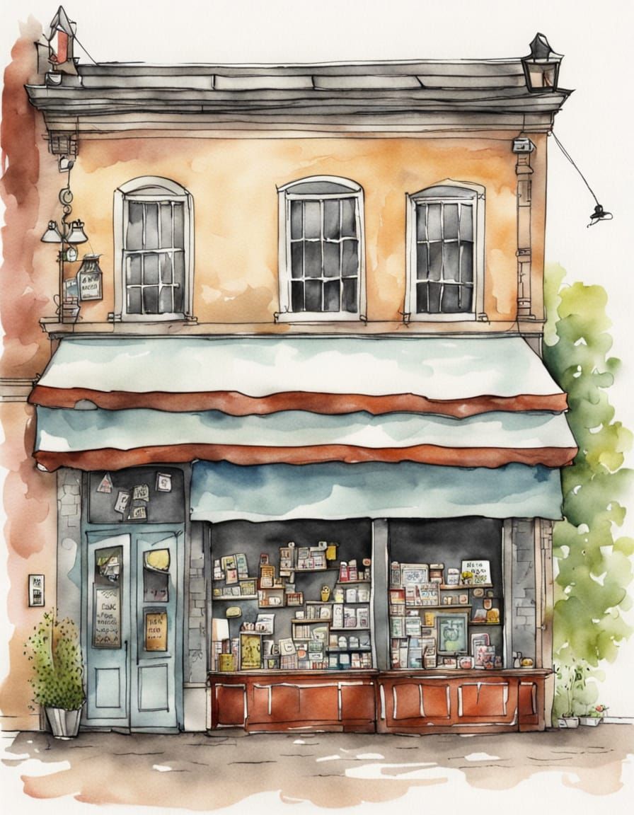 Whimsical Charity Shop Store Front with Colorful Awning