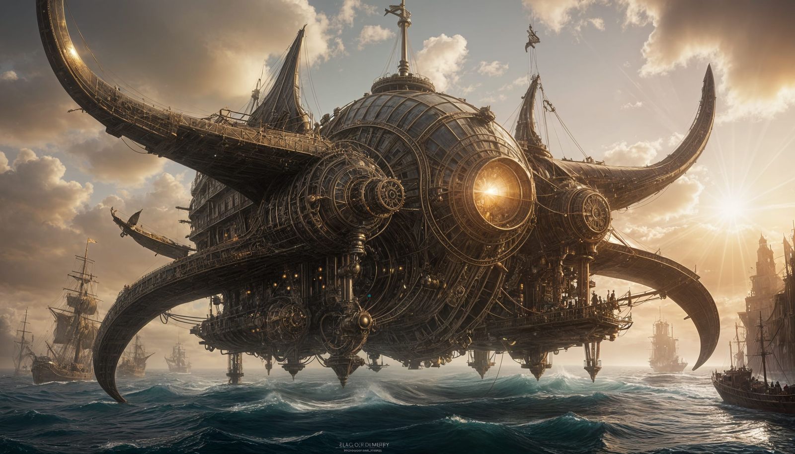 Steampunk Airship Over Ethersea in Golden Light
