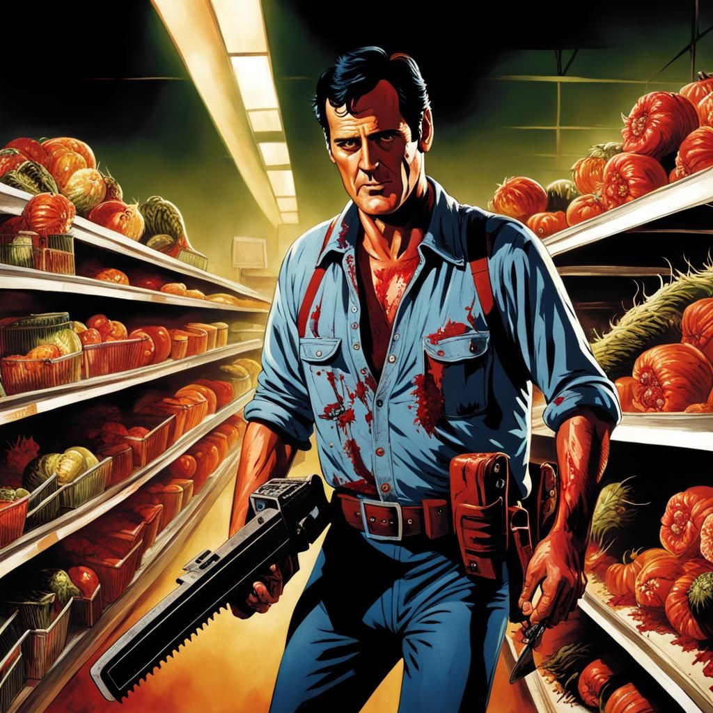 Ash Williams Bruce Campbell, chainsaw, shopping at supermark...