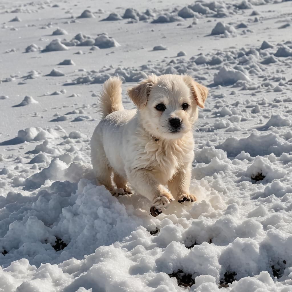 Cute White Puppy Playing in the Snow