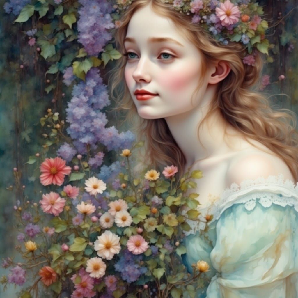 Ethereal Watercolor Portrait of Amanda Elizabeth in a Misty....