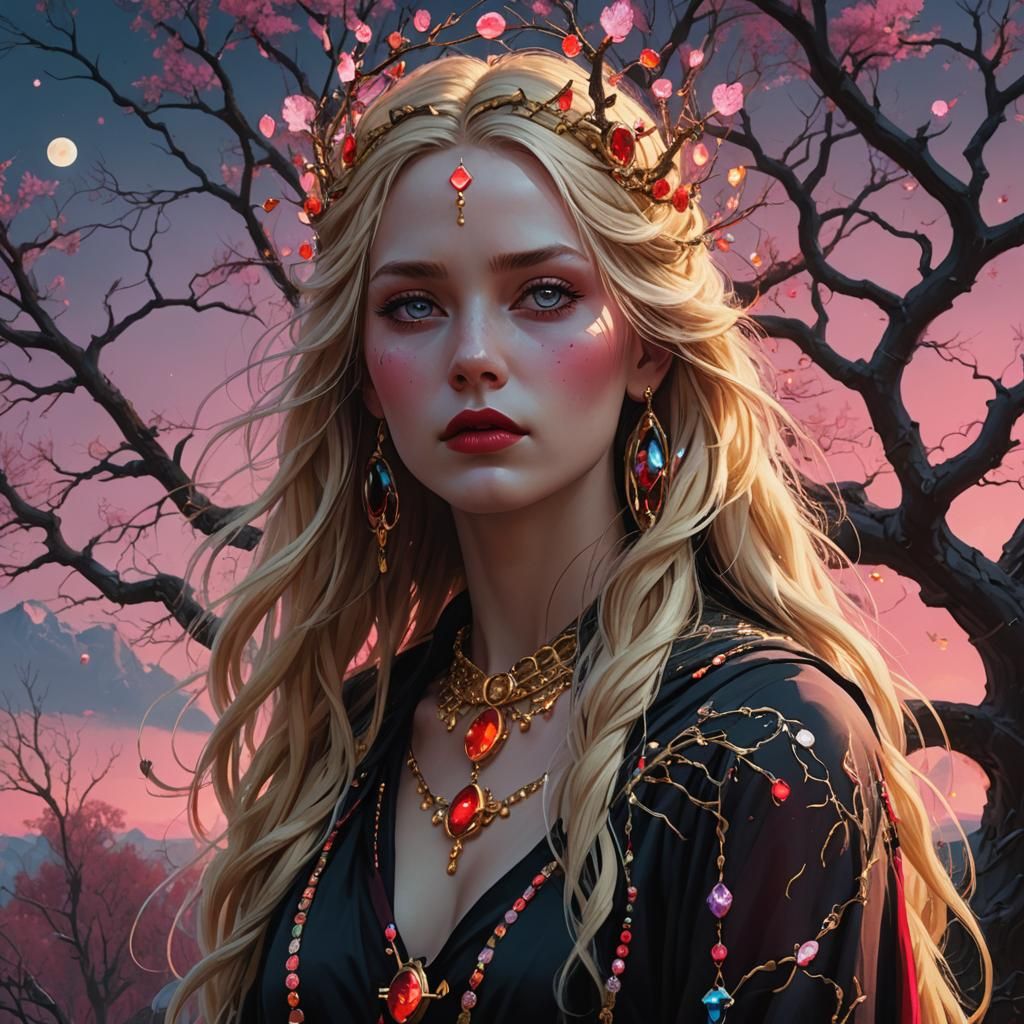 Goddess with Glowing Gems, in Simon Stalenhag Style