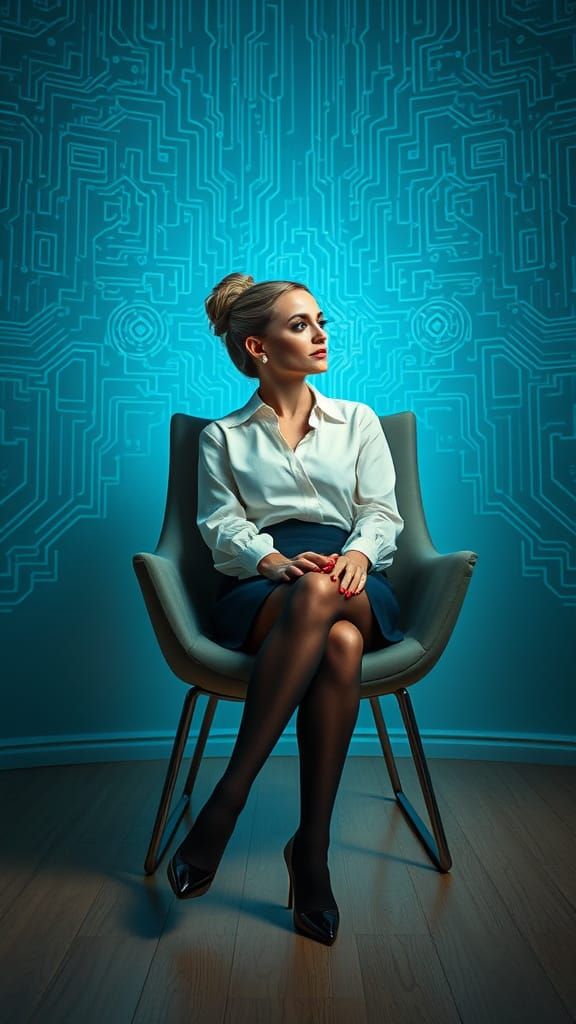 Ethereal Room with Futuristic Elegance and Serene Woman