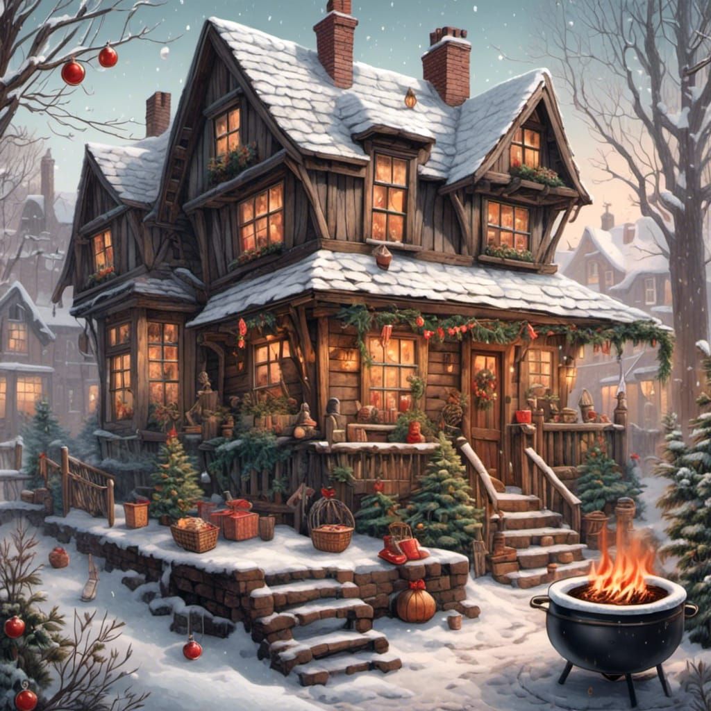 Christmas House With Coffee Cauldron in Snow