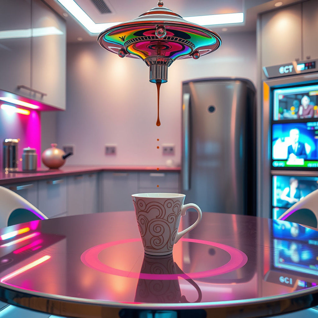 Futuristic Kitchen with Holographic Refrigerator Display