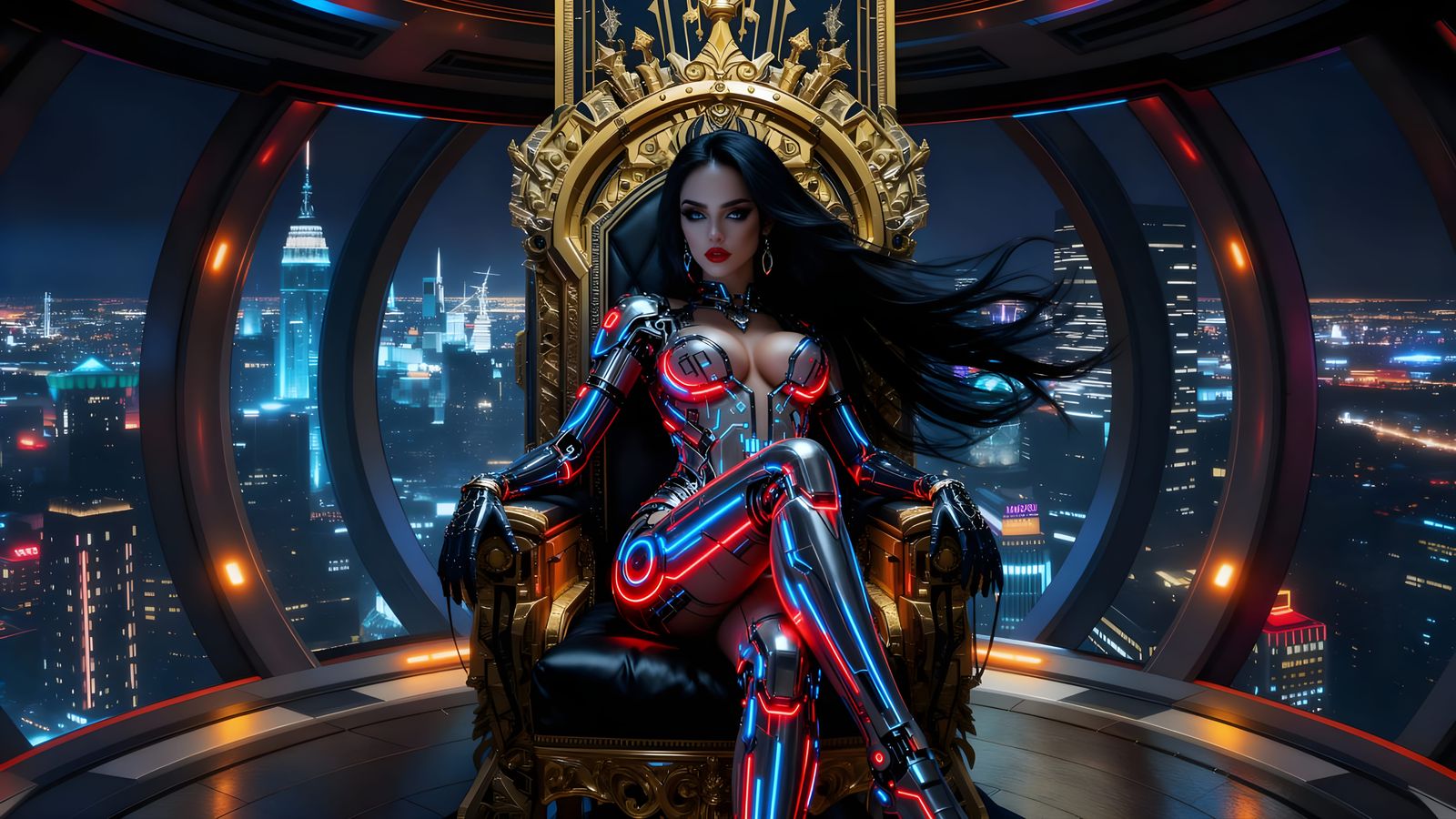 Cyberpunk Queen Ascends on Neon Cityscape