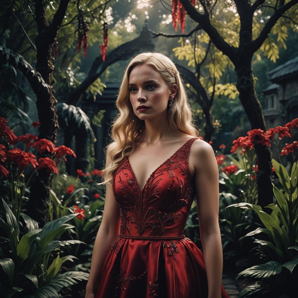 Dramatic Film Still of Girl in Red Dress