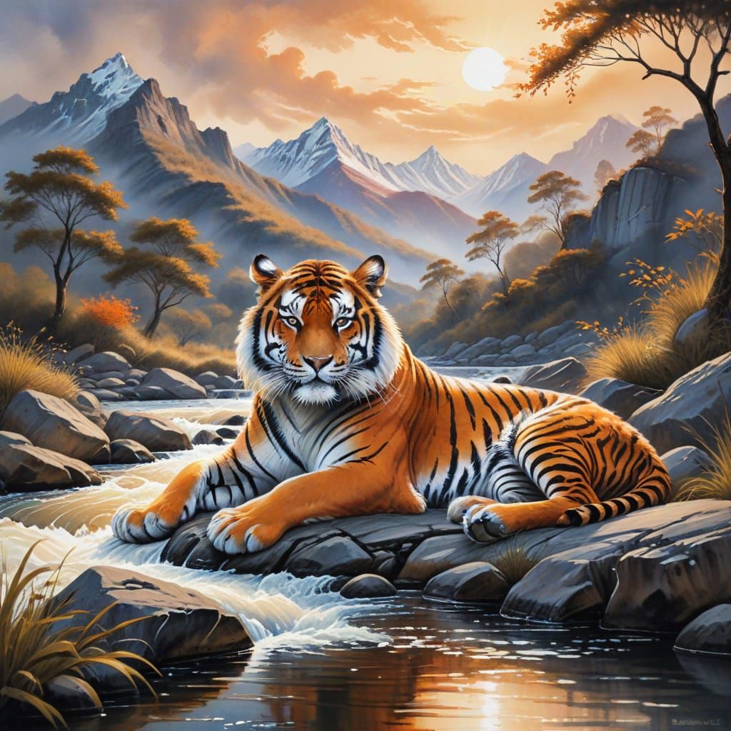 Vibrant Tiger in Zen Landscape, Traditional Ink Painting