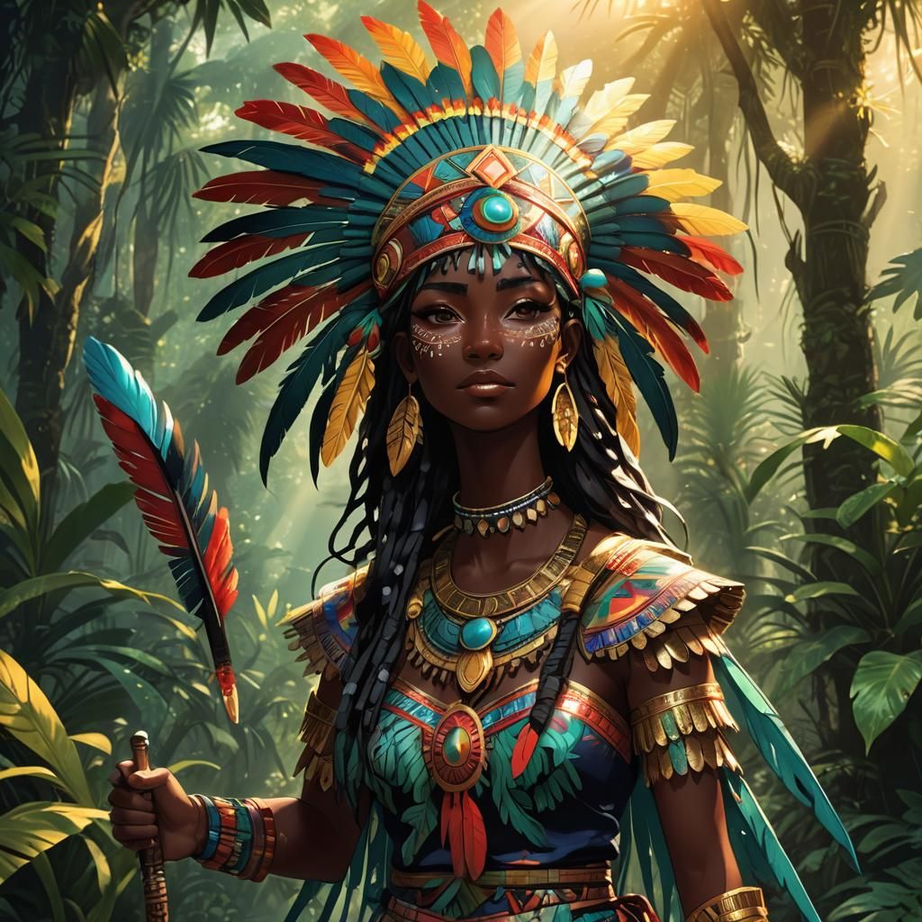 Aztec Anime Girl in Mystical Jungle Art
