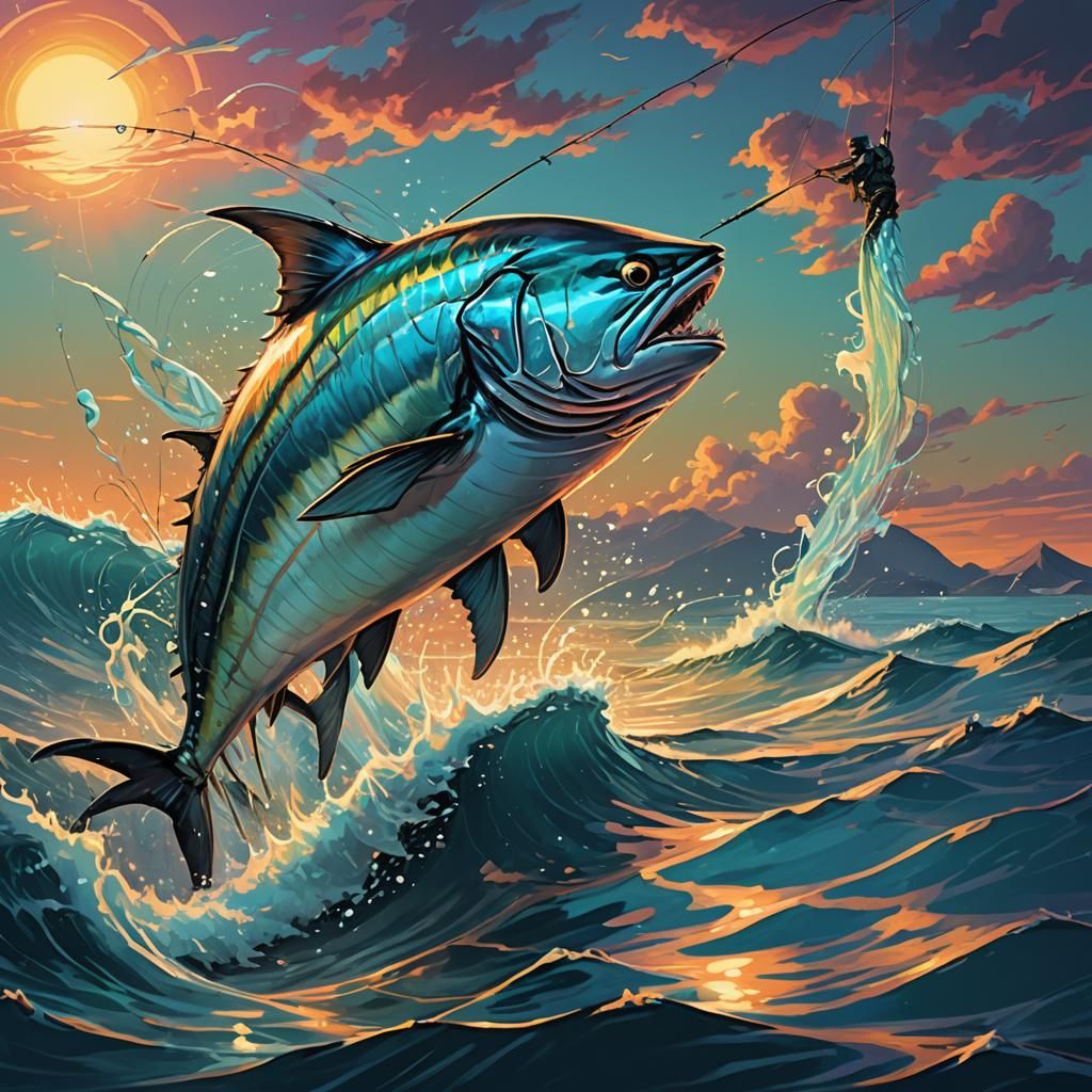 Giant Bioluminescent Tuna Caught at Sunset: Digital Art