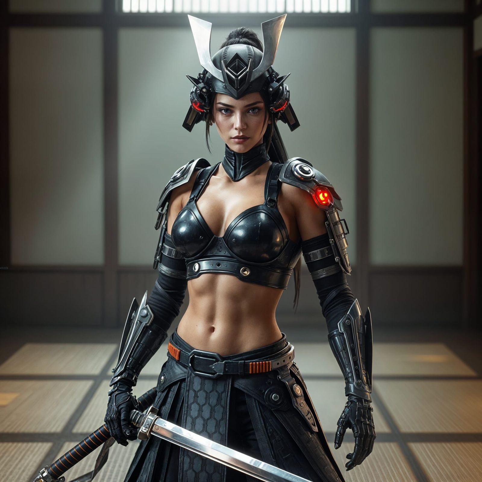 Cybernetic Samurai Warrior in Dojo, Cyberpunk Style