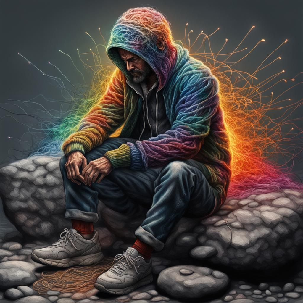 Thread-Covered Figure Sitting on Stone, Hyperrealistic Image