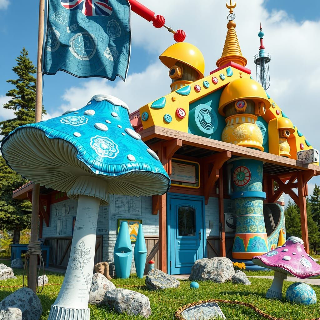 Vibrant Mushroom Sculptures in a Whimsical, Hyperreal Wonder...