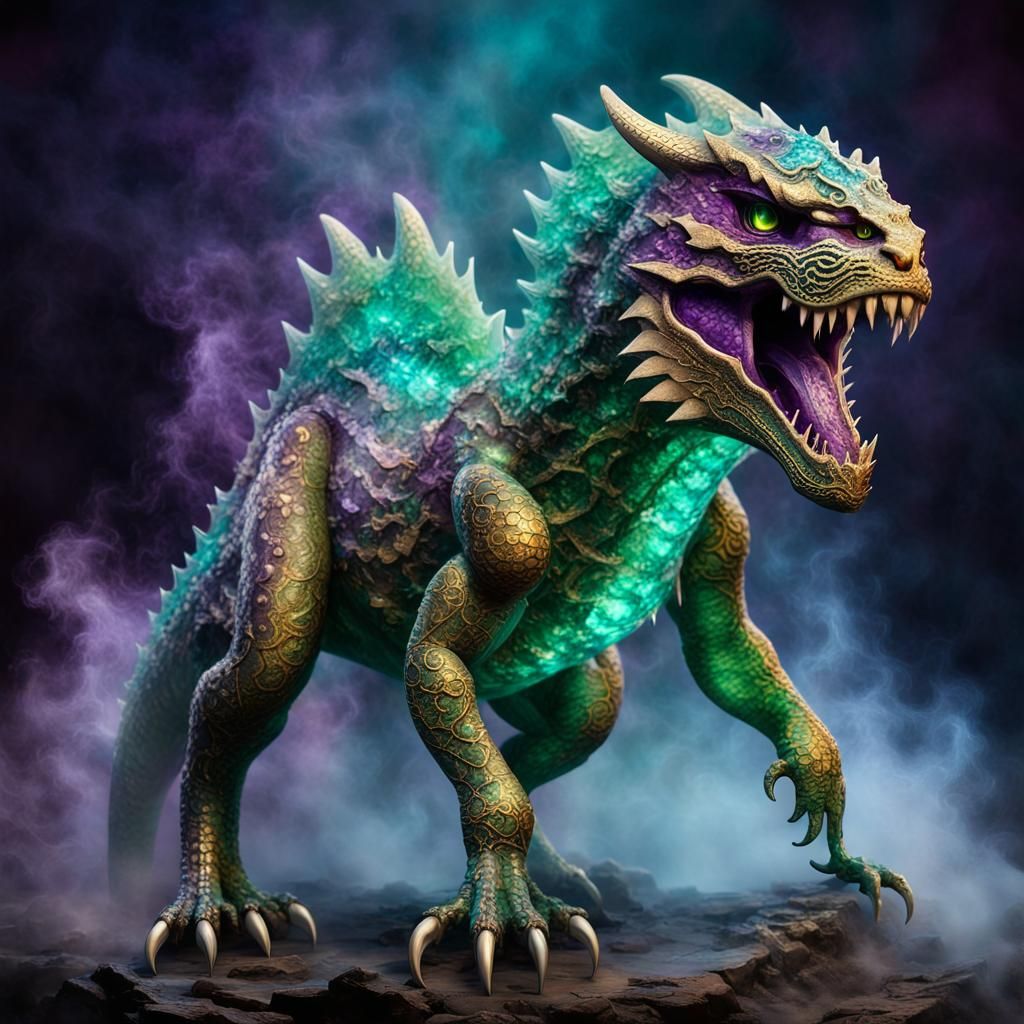 Crystal Dragon T-Rex in Dark Fantasy Art Nouveau Style