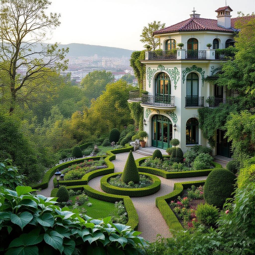 Art Nouveau Garden Oasis in Fading City Light