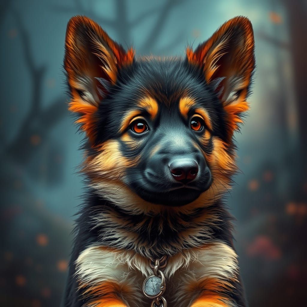 Realistic German Shepherd Puppy Amidst Dreamlike Background