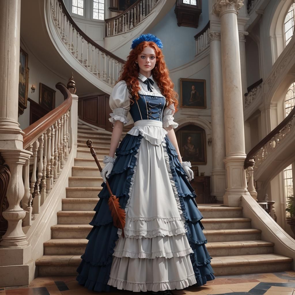 Red-Haired Maid Awaiting Orders in Mansion