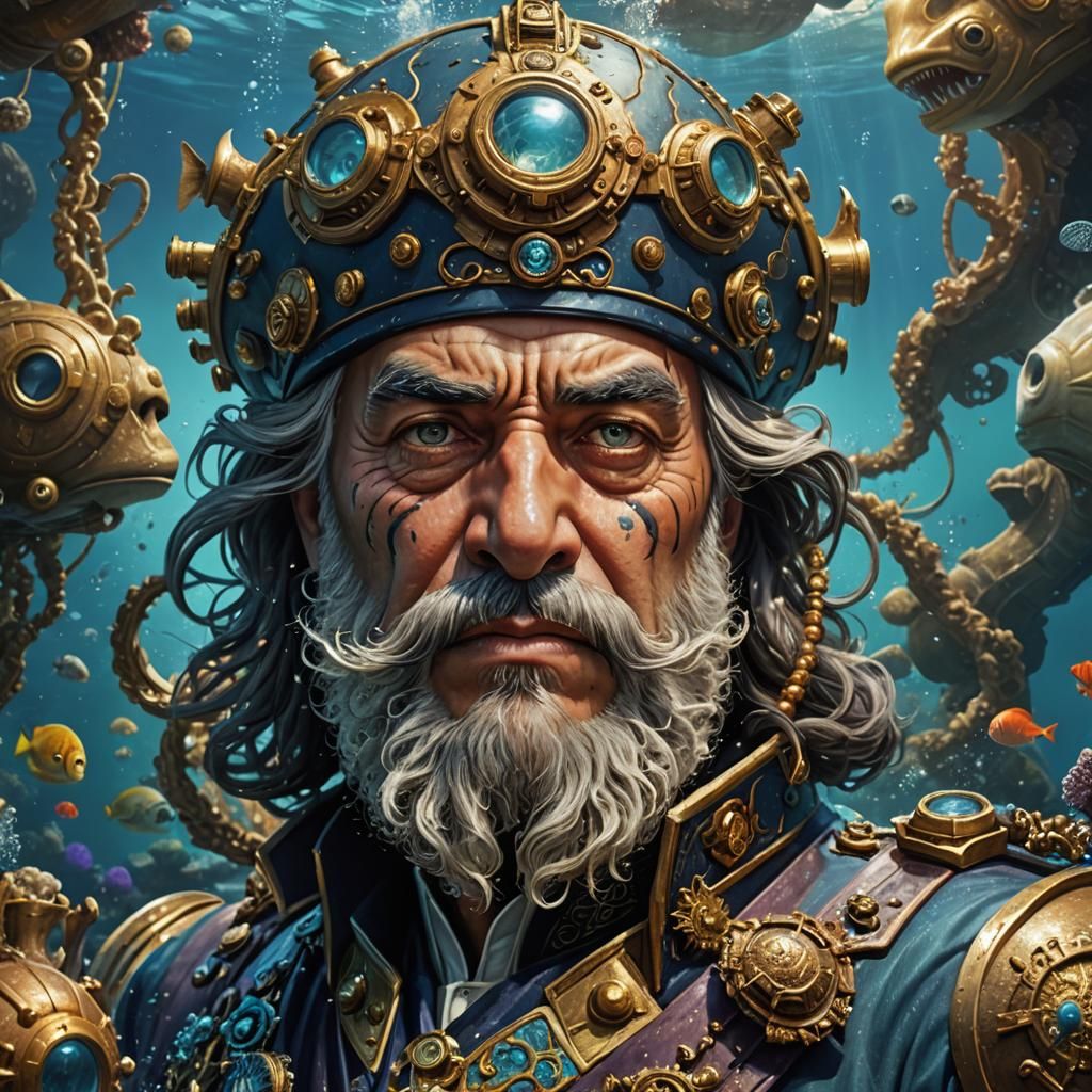 Hyperrealistic Portrait of Captain Nemo Undersea