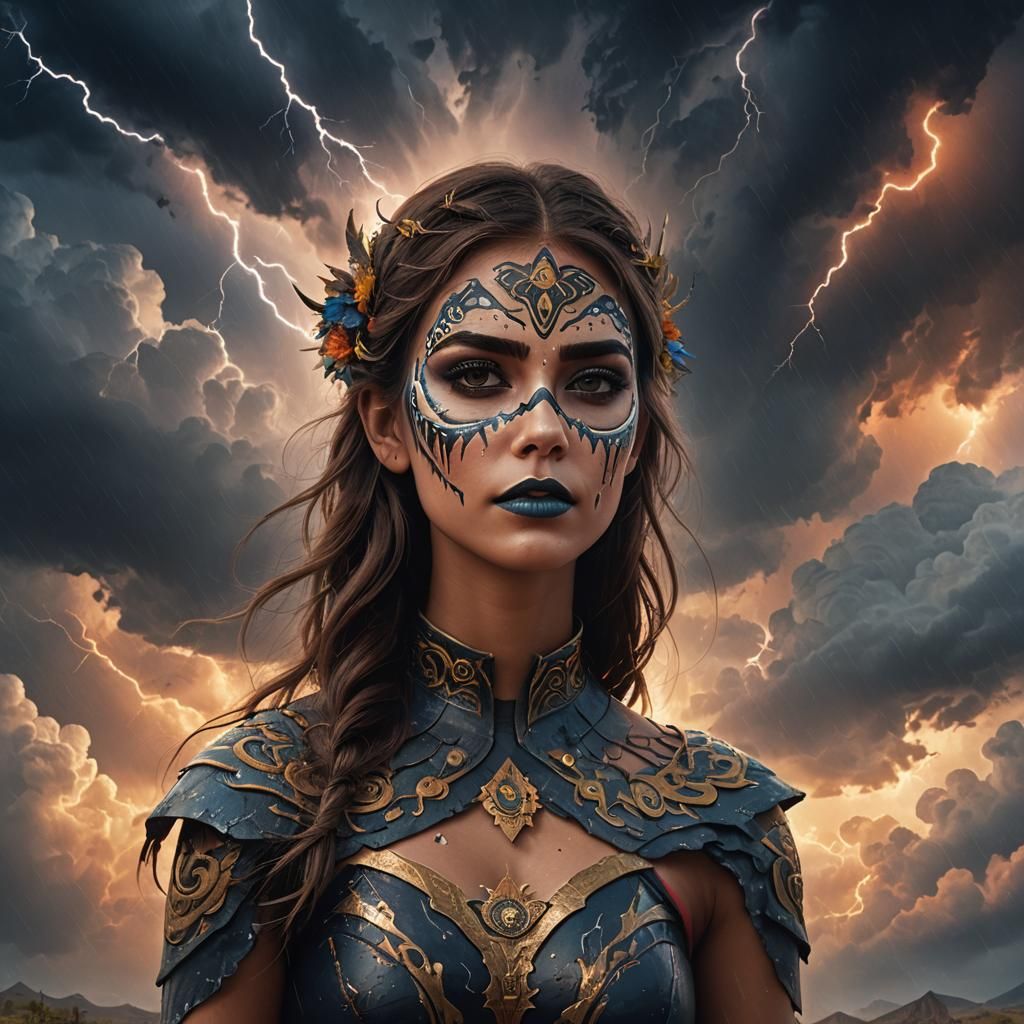 Girl with Day of the Dead Face Paint in Stormy Sky