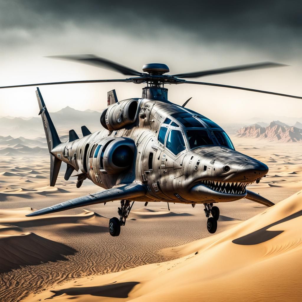 helicopter shark hybrid over the desert
