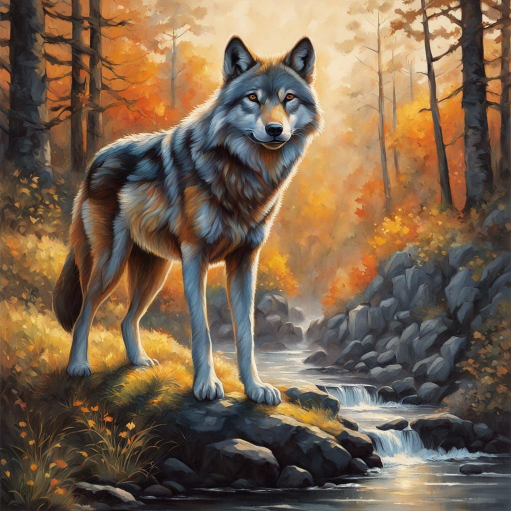 Wolf Portrait in Triadic Oil Painting