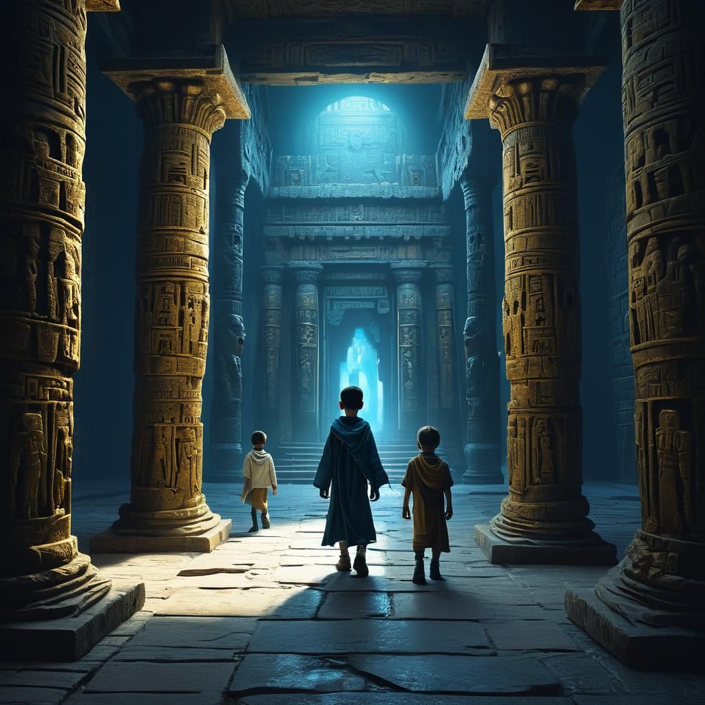 Scared Boy Confronted by Mummies in Ancient Temple