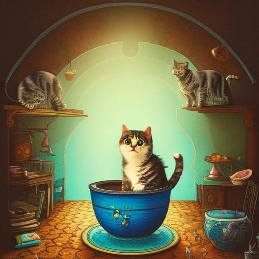 Cute Cat in Bowl: Whimsical Illustration