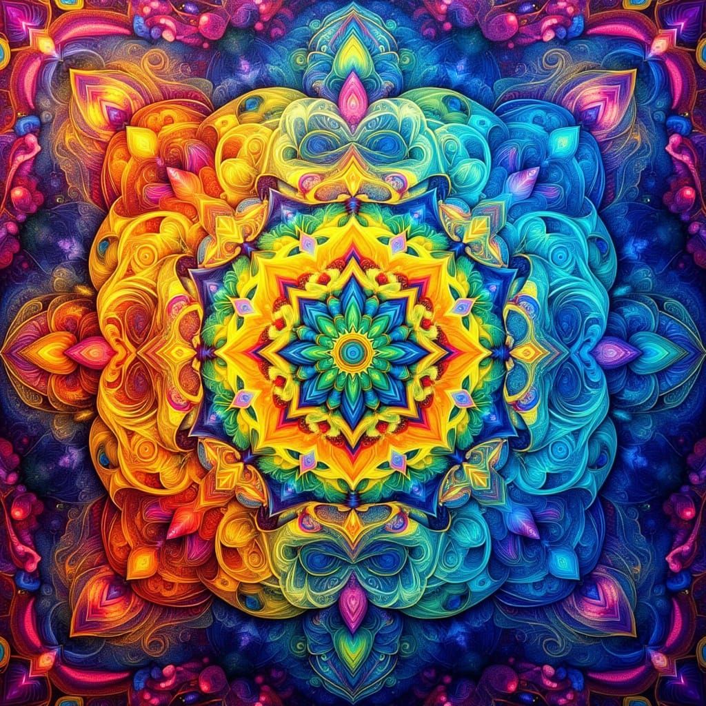 Kaleidoscopic Burst in Indigo, Turquoise, and Yellow