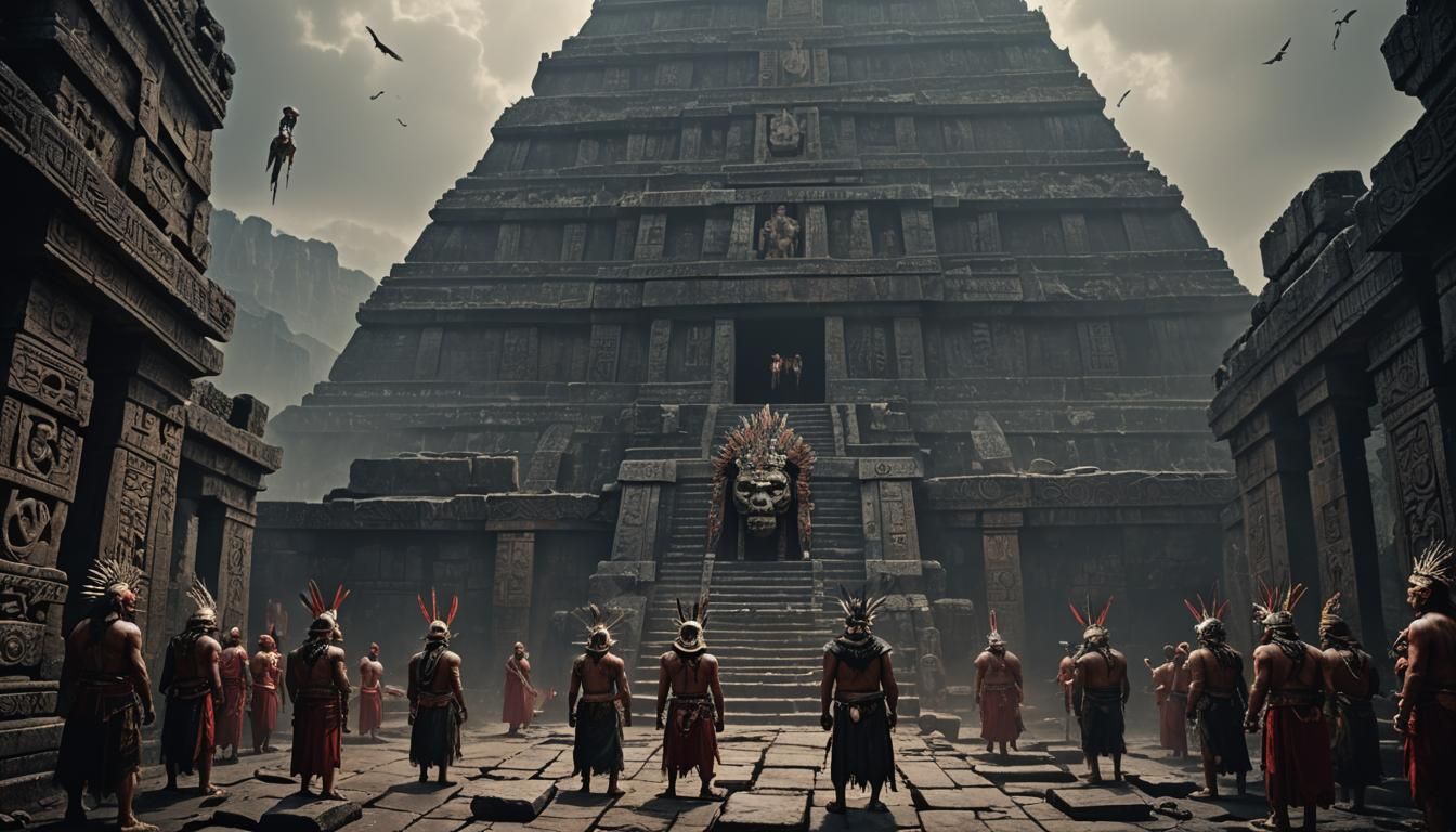 Ancient Aztec Priests Stand at the Edge of a Bloody Temple P...
