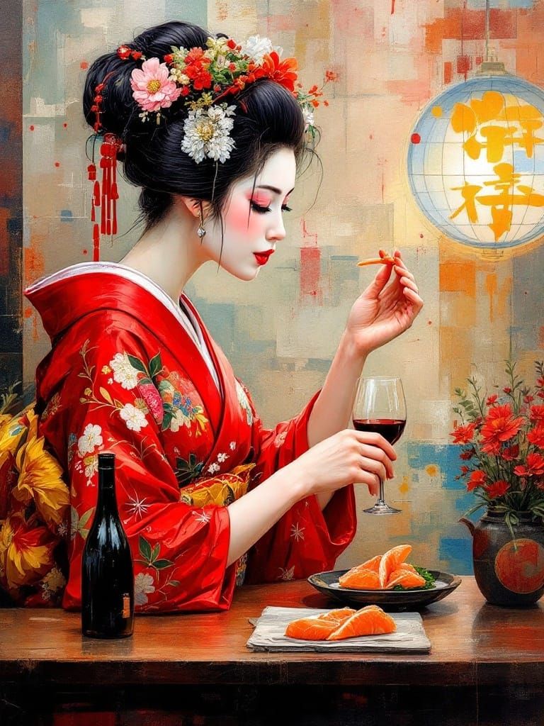 Japanese Geisha in Red Kimono as Impasto Painting