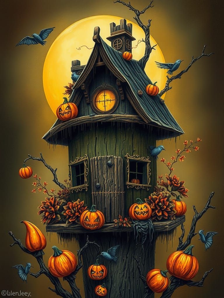 Ornate Birdhouse Under Autumn Moon