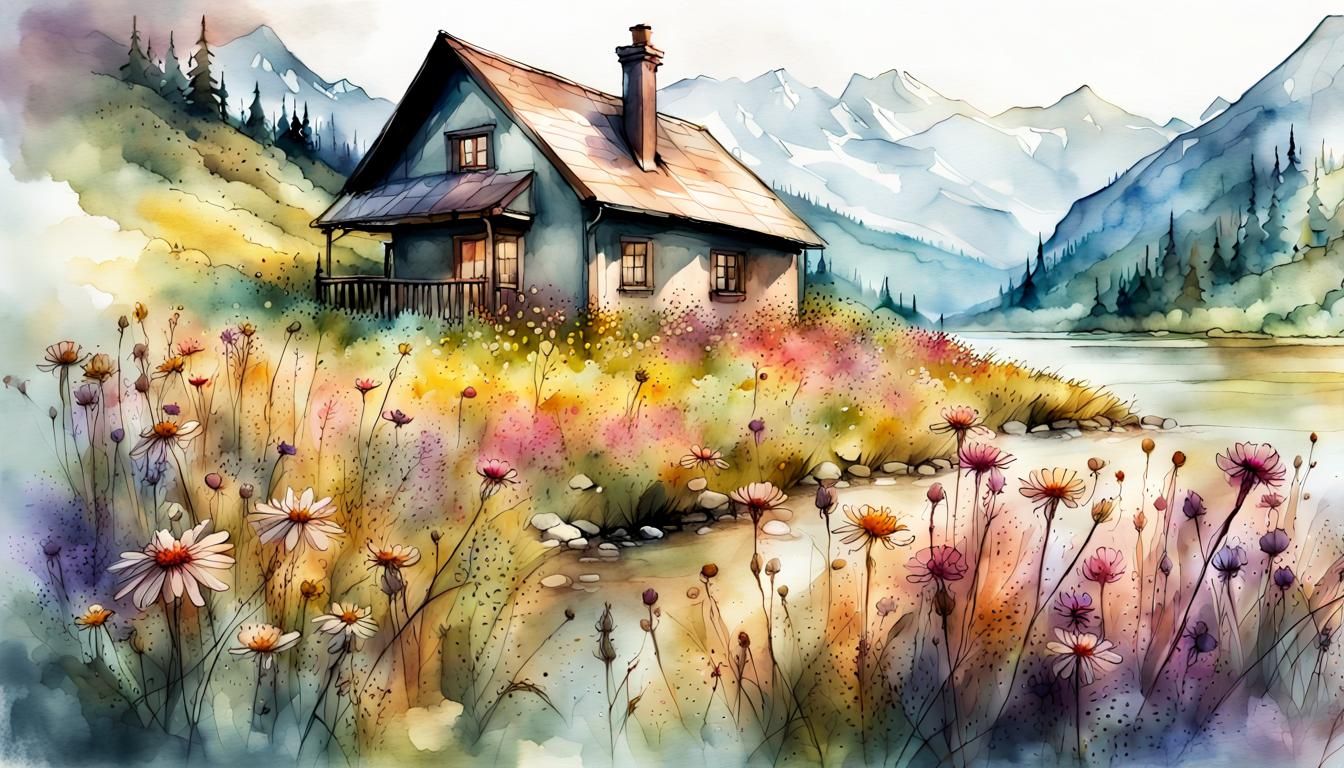 Mountain Cottage in Flower Meadow: Watercolor Illustration
