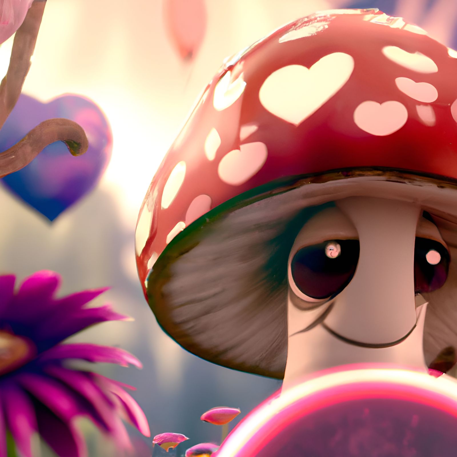 Adorable Mushroom Surrounded by Hearts and Flowers