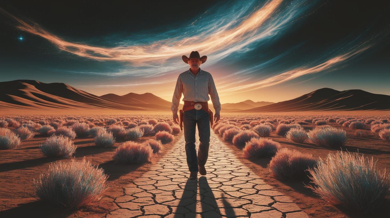 Lone Cowboy Under Nebulae in Vintage Photo Style