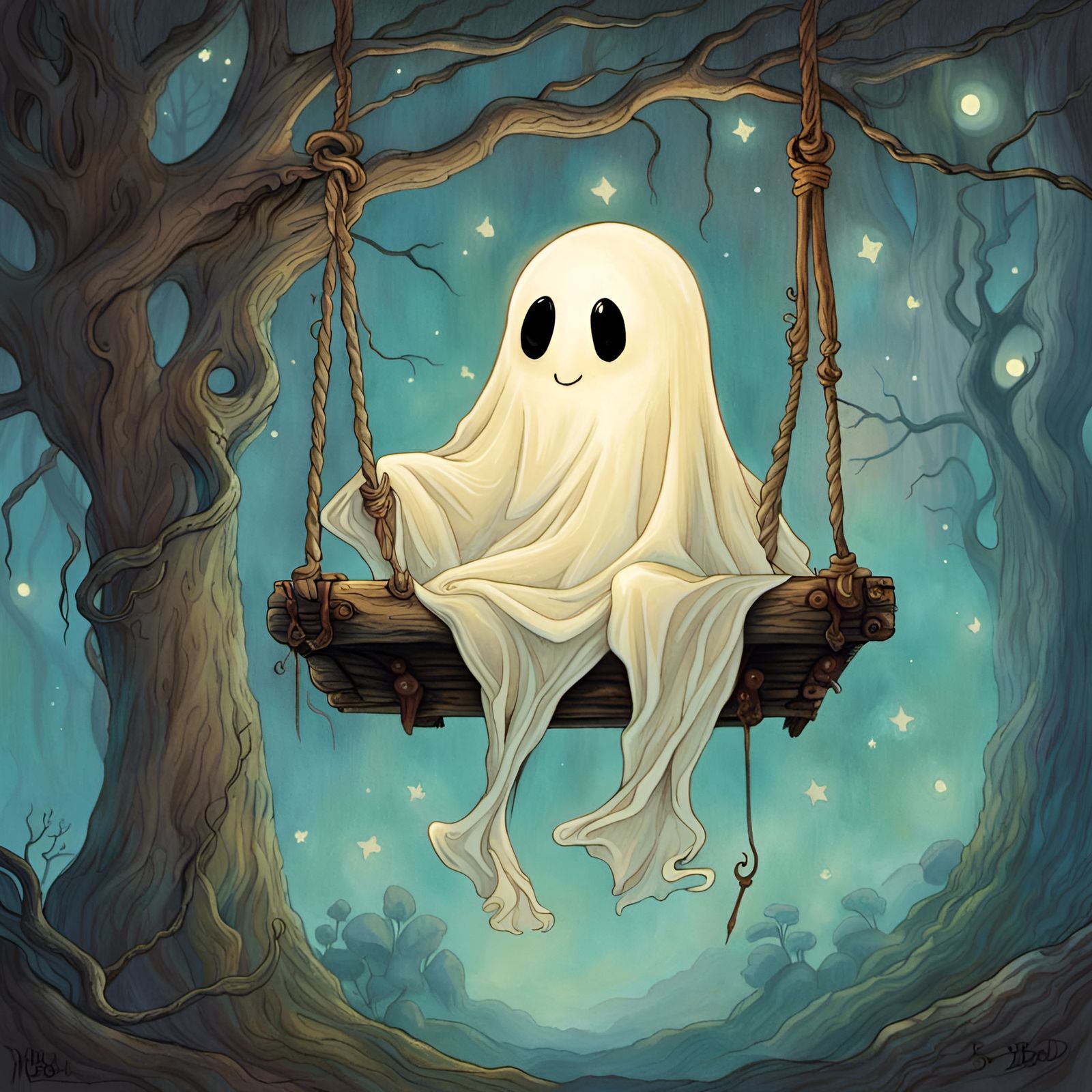 Cute Ghost on a Swing, Inspired Digital Art