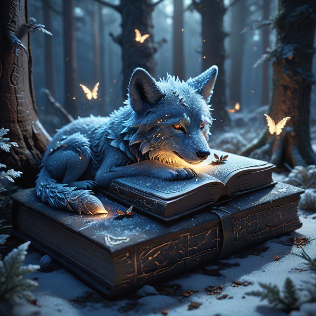 Whimsical Smoke Wolf Cub Sleeping on Book in Frosty Forest