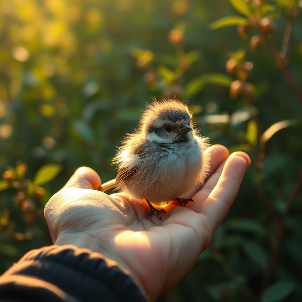 Fluffy Bird in Hand: Detailed Matte Painting