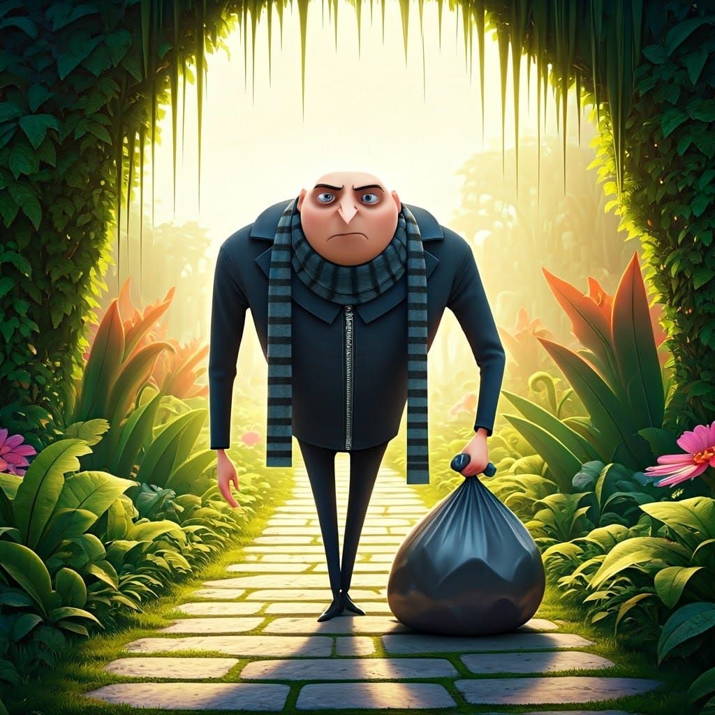 Gru in Garden: Pixar-Style 3D Digital Art