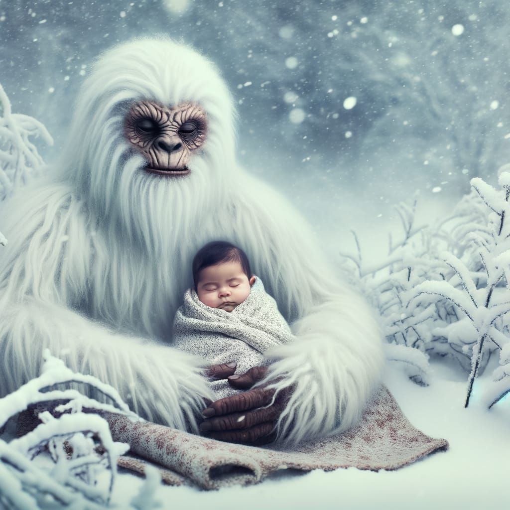 Yeti Protects Slumbering Baby in Snowy Landscape
