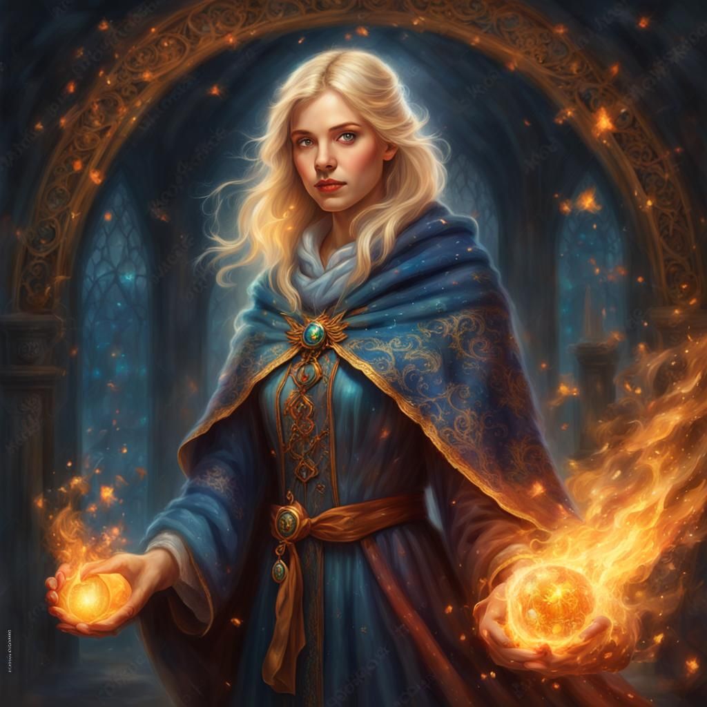 Mysterious Blonde Mage with Fire, Ethereal Fantasy