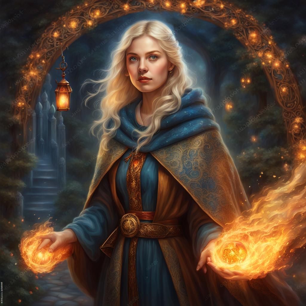 Mysterious Blonde Mage with Fire in Hand