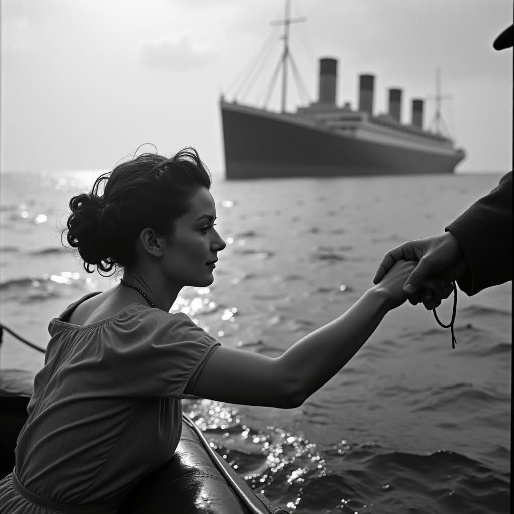 Elegant Aristocrat Disembarks Lifeboat Amidst Sinking Ocean...