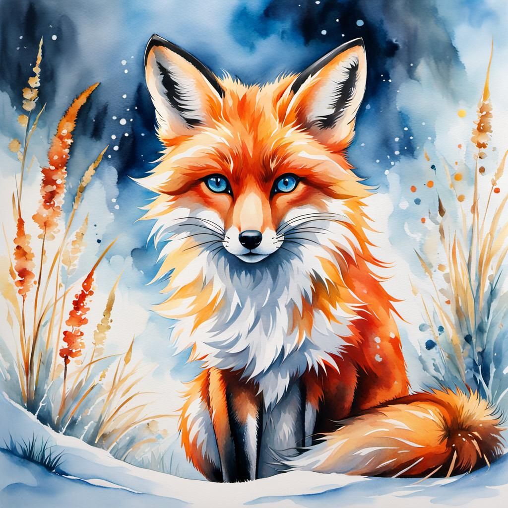 Red Fox with Blue Eyes in Watercolor Painting