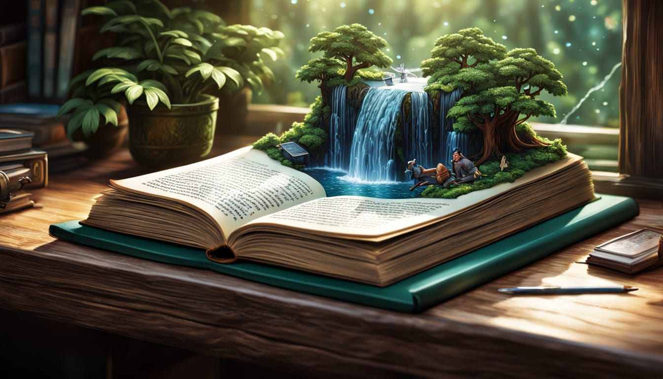 Fantasy Book with Waterfall, Photorealistic Comic Art