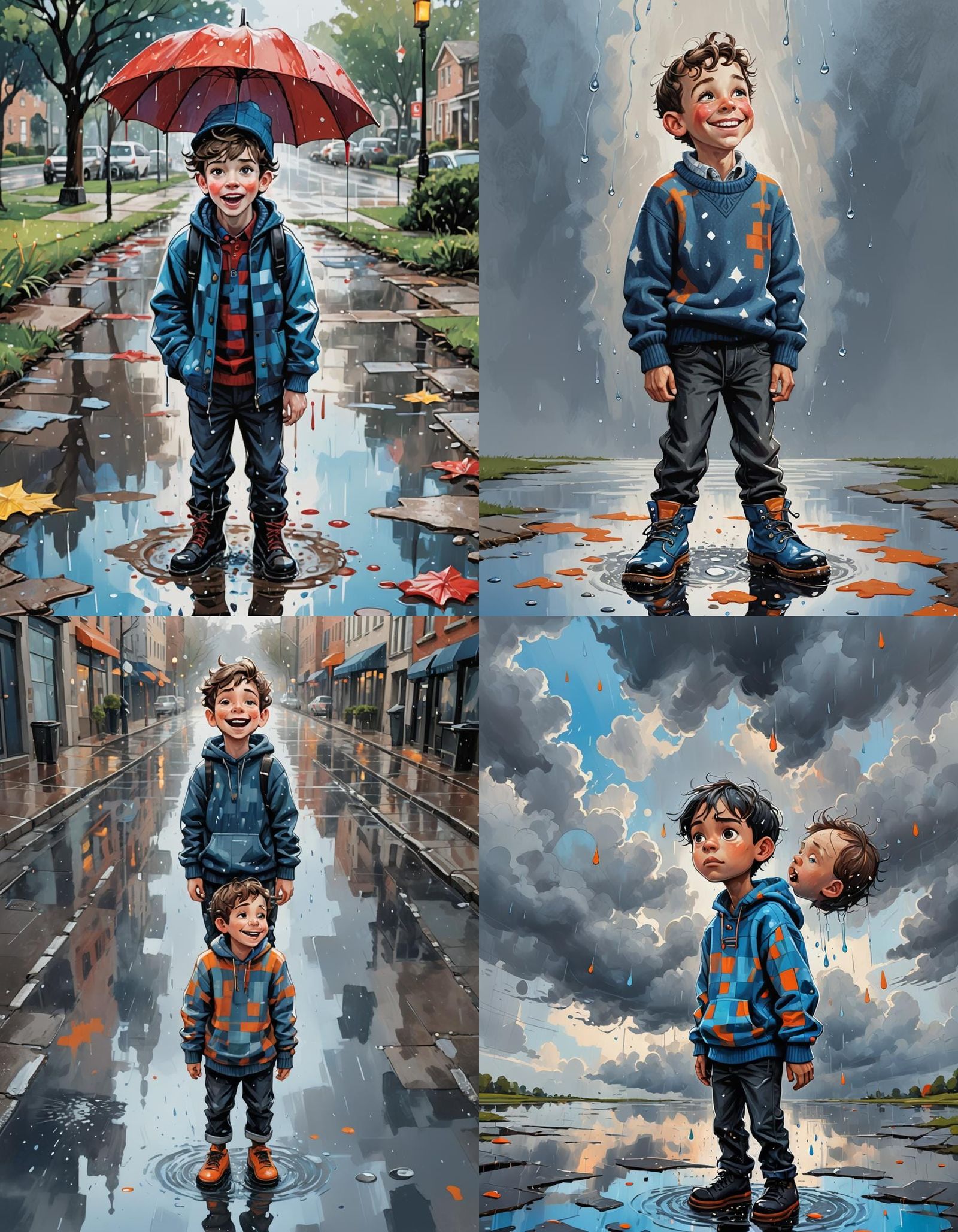 Smiling Boy Catches Raindrops: Caricature Illustration