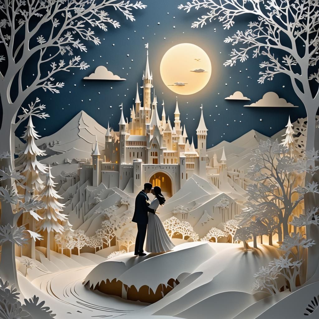 Romantic Kirigami Diorama of Kissing Couple