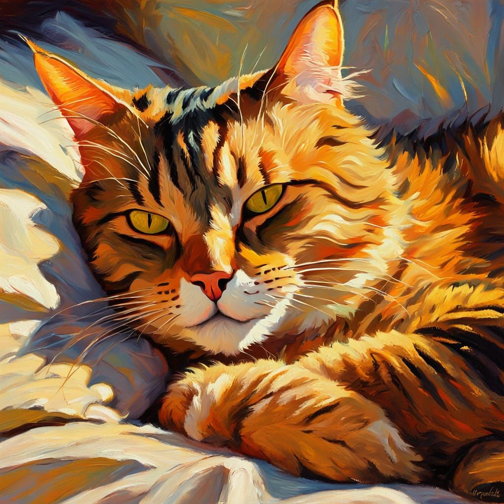 Cat Sleeping in Warm Light, Expressionist Oil Painting