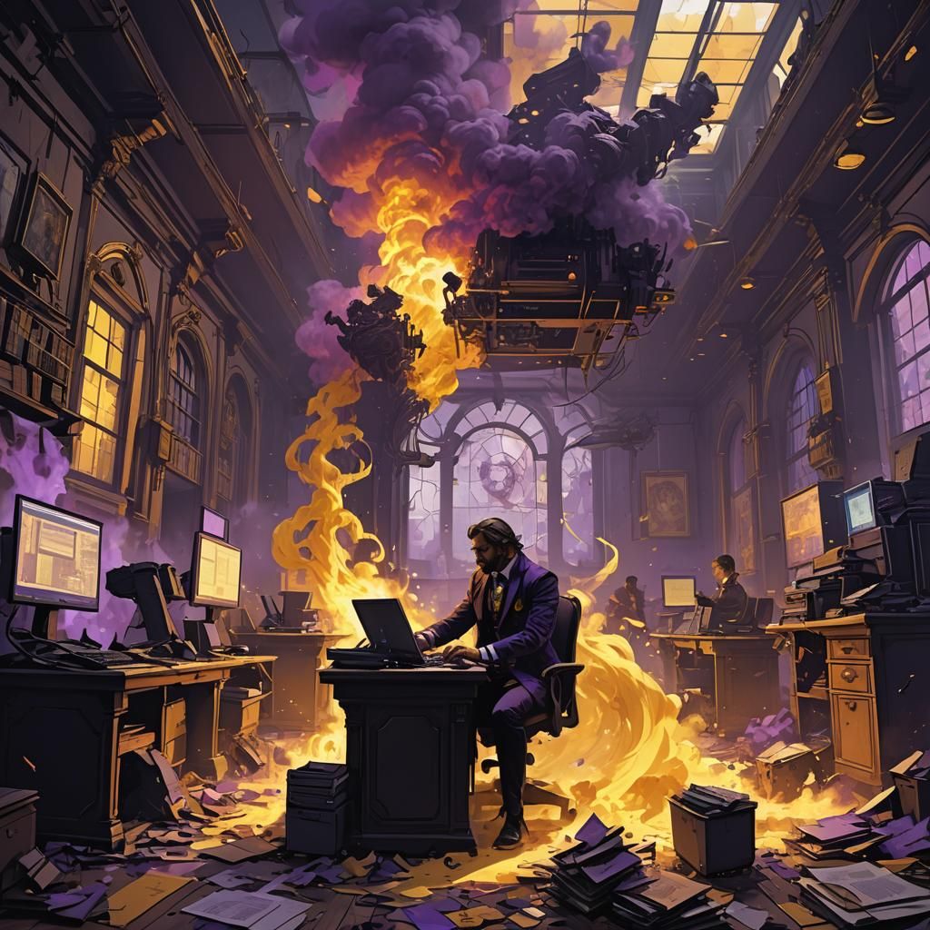 Office Rage: Printer Malfunction in Dark Fantasy Art