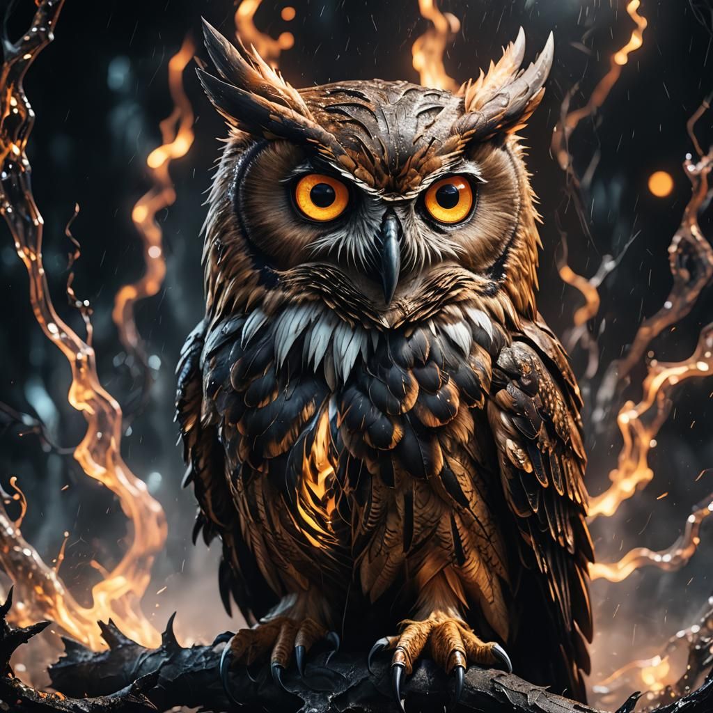 Glowing Demonic Owl Hybrid in Cinematic CGI Style