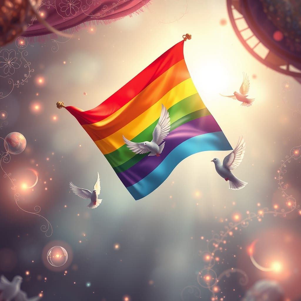 Whimsical Rainbow Flag Concept Art in Fantasy Style